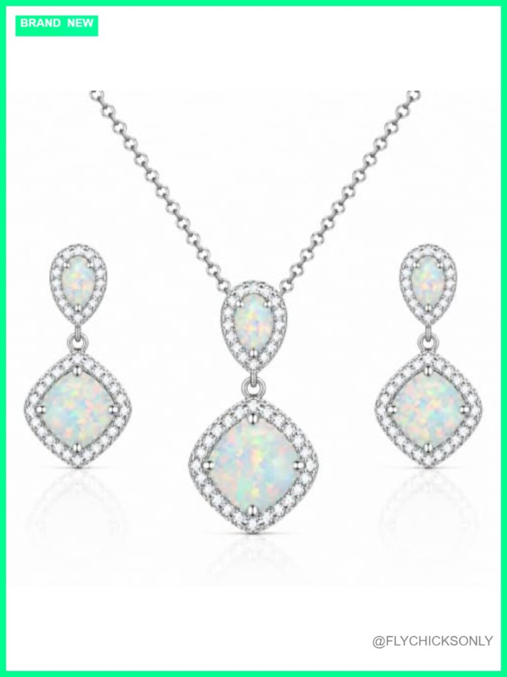 Sterling Silver Birthstone Necklace & Dangle Earrings Set with Opal Gemstones